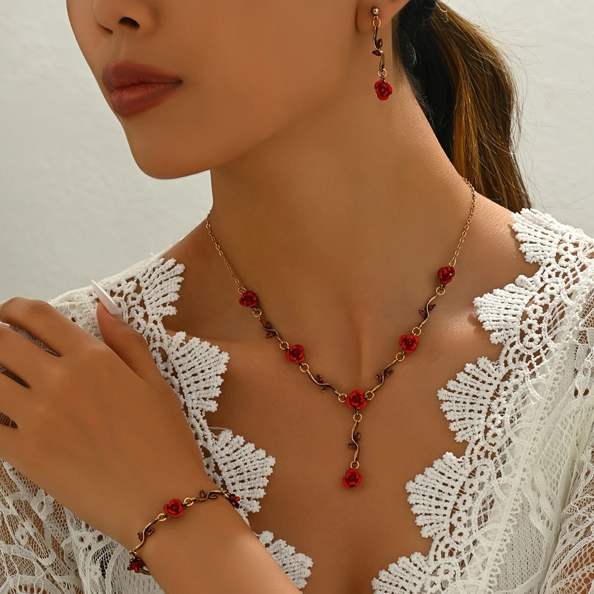 Romantic Red Rose Jewelry Set