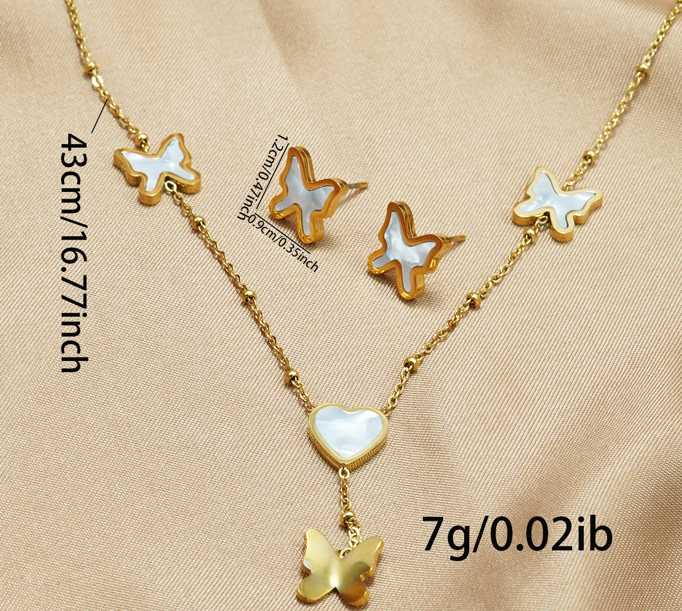 18K Gold Plated Stainless Steel Butterfly & Heart Jewelry Set