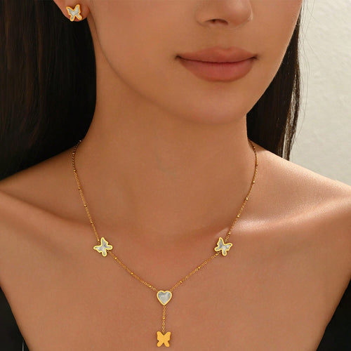 18K Gold Plated Stainless Steel Butterfly & Heart Jewelry Set