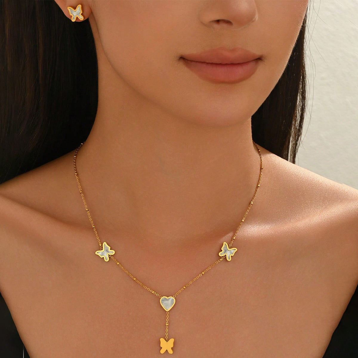 18K Gold Plated Stainless Steel Butterfly & Heart Jewelry Set