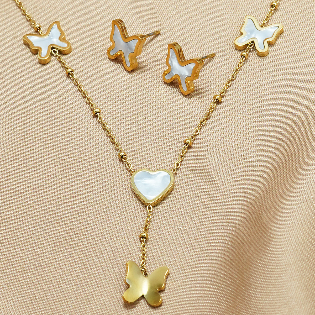 18K Gold Plated Stainless Steel Butterfly & Heart Jewelry Set